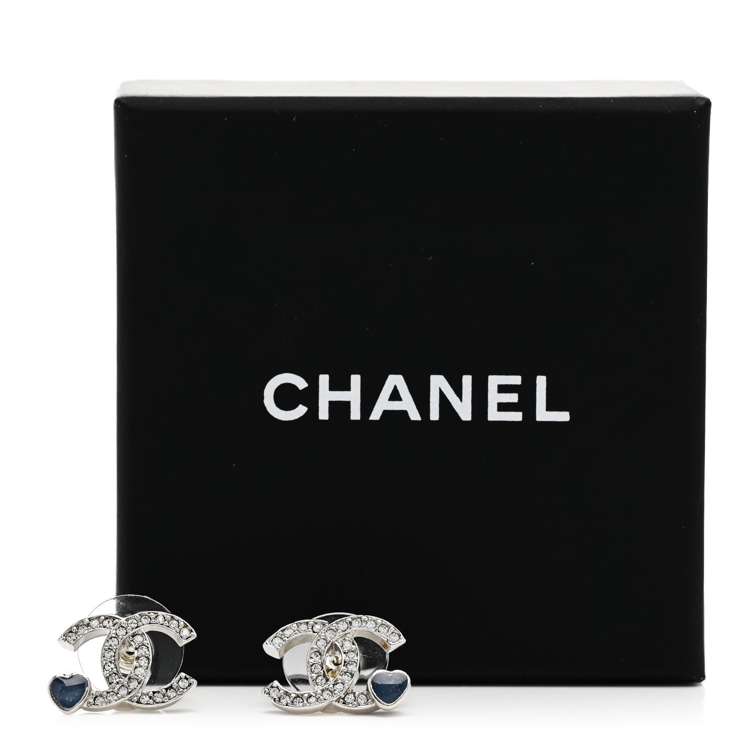 Chanel Metal Crystal Resin CC Heart Earrings Silver Blue 5 of 5