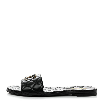 Chanel Shiny Goatskin Quilted CC Mules Sandals 40.5 Black 1 of 8