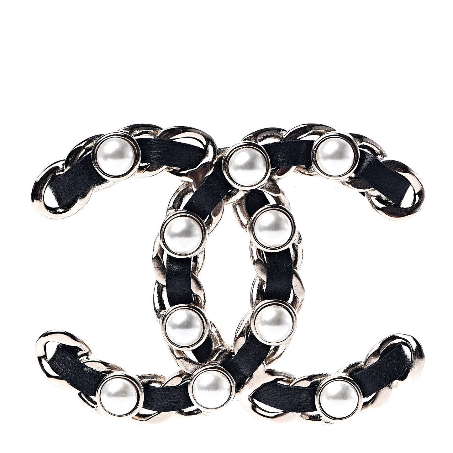 Lambskin Pearl CC Chain Brooch Black Gold