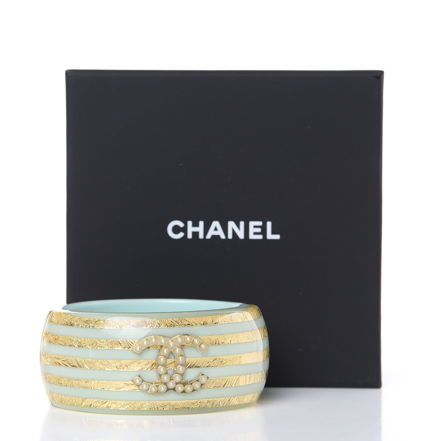 Chanel Resin Striped Pearl CC Cuff Light Blue Gold 6 of 6