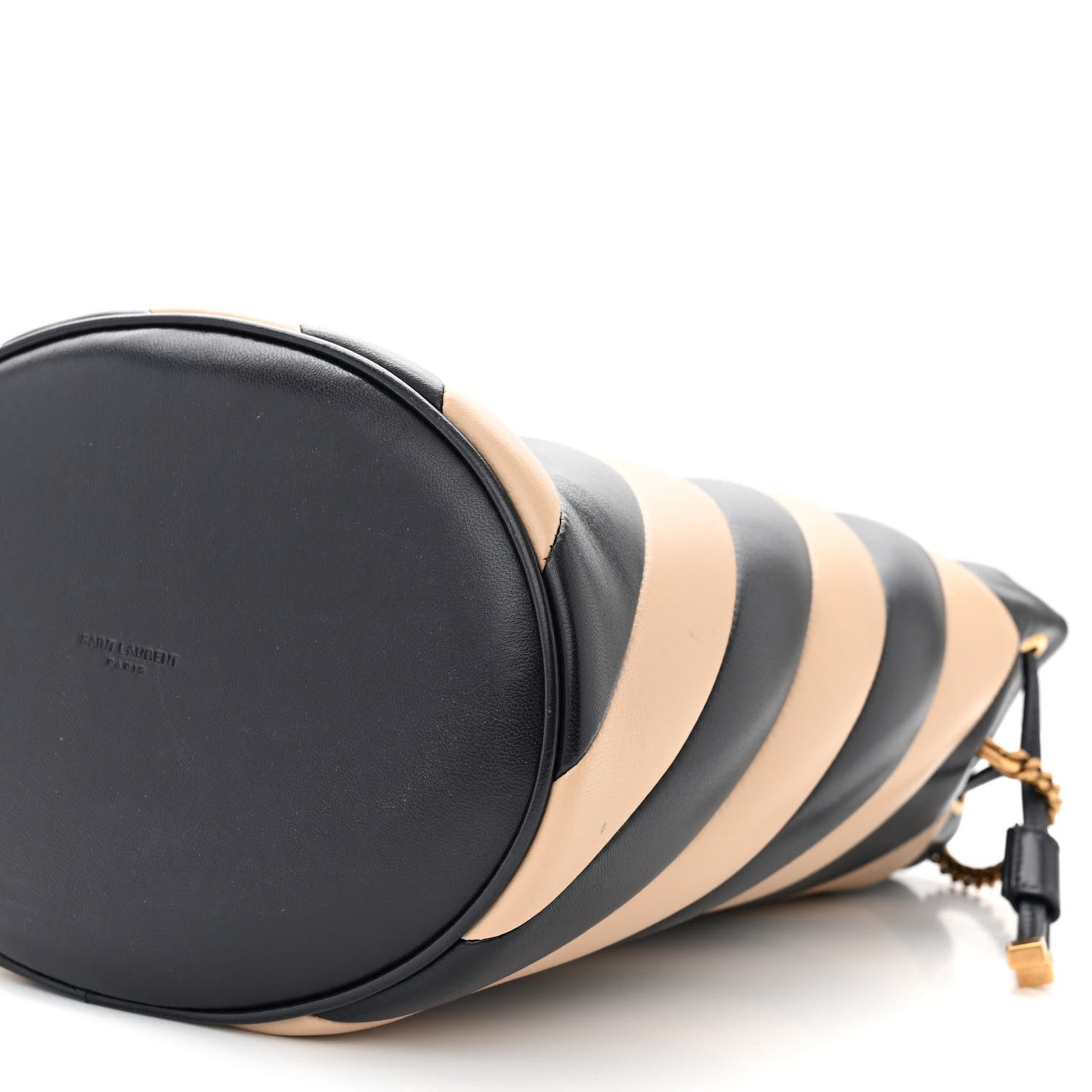 Lambskin Striped Drawstring Bag Black Beige