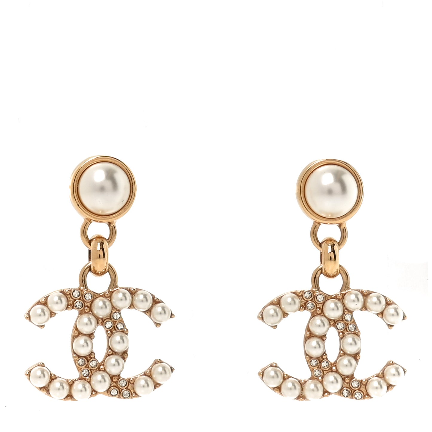 Pearl Crystal CC Drop Earrings Gold