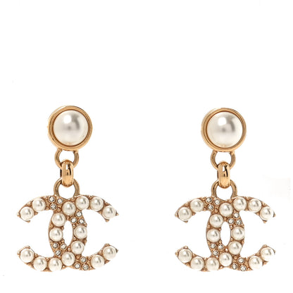 Chanel Pearl Crystal CC Drop Earrings Gold 1 of 4