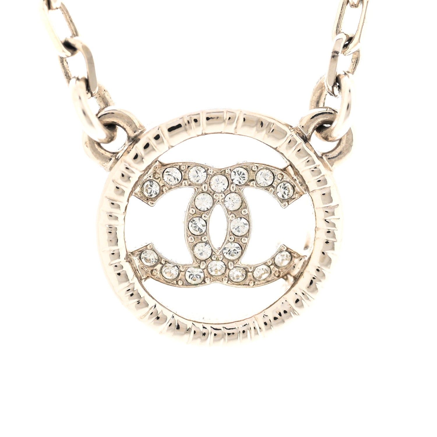Chanel Metal Crystal CC Round Pendant Necklace Silver 4 of 7