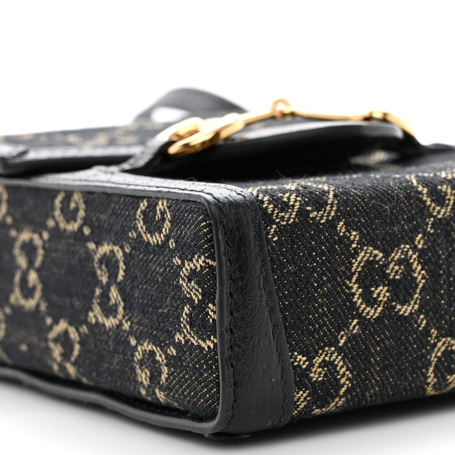 Gucci Jacquard Black Denim GG Monogram Textured Dollar Calfskin Mini Horsebit 1955 Crossbody Bag Black Ivory 9 of 10