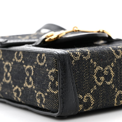 Gucci Jacquard Black Denim GG Monogram Textured Dollar Calfskin Mini Horsebit 1955 Crossbody Bag Black Ivory 9 of 10