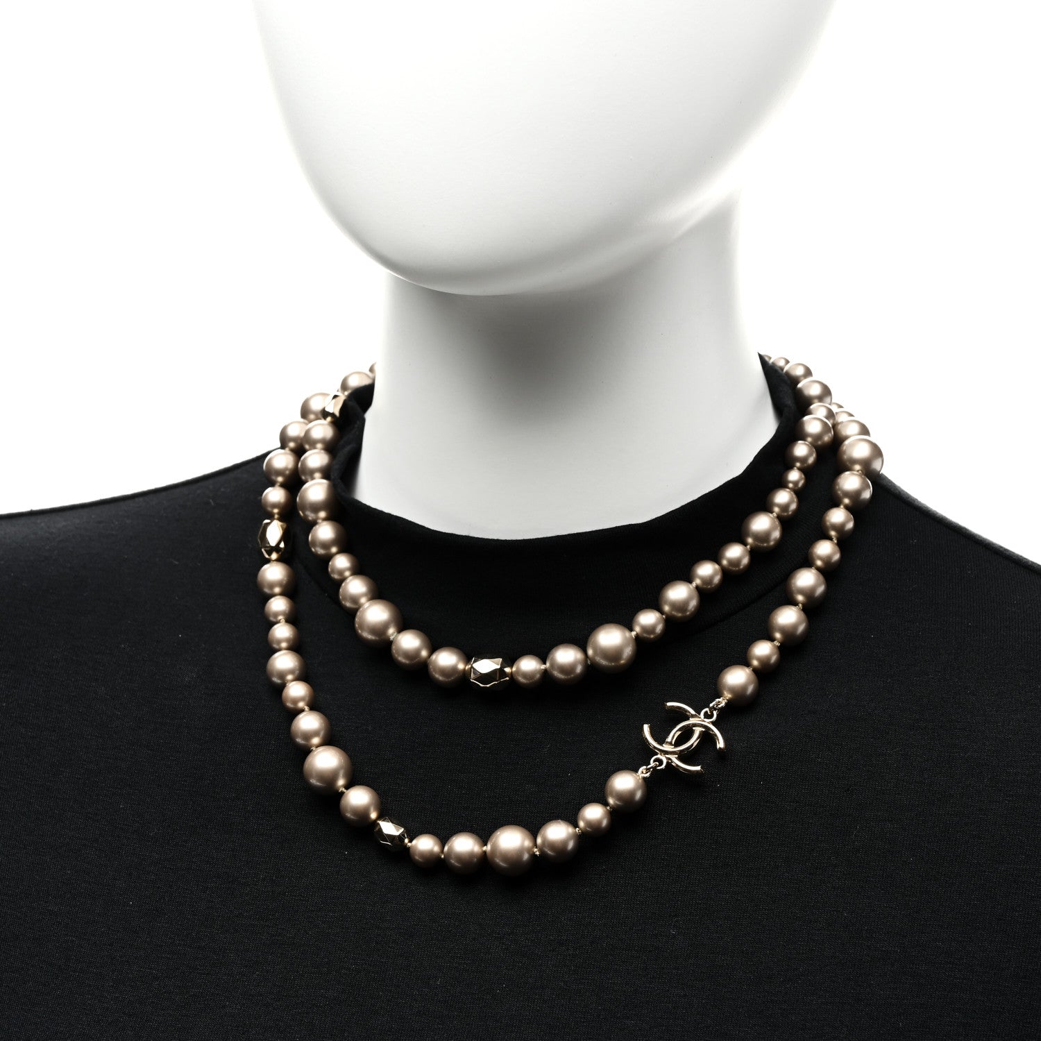 Chanel Resin Pearl Metal CC Long Necklace Golden Pearly Beige 2 of 6
