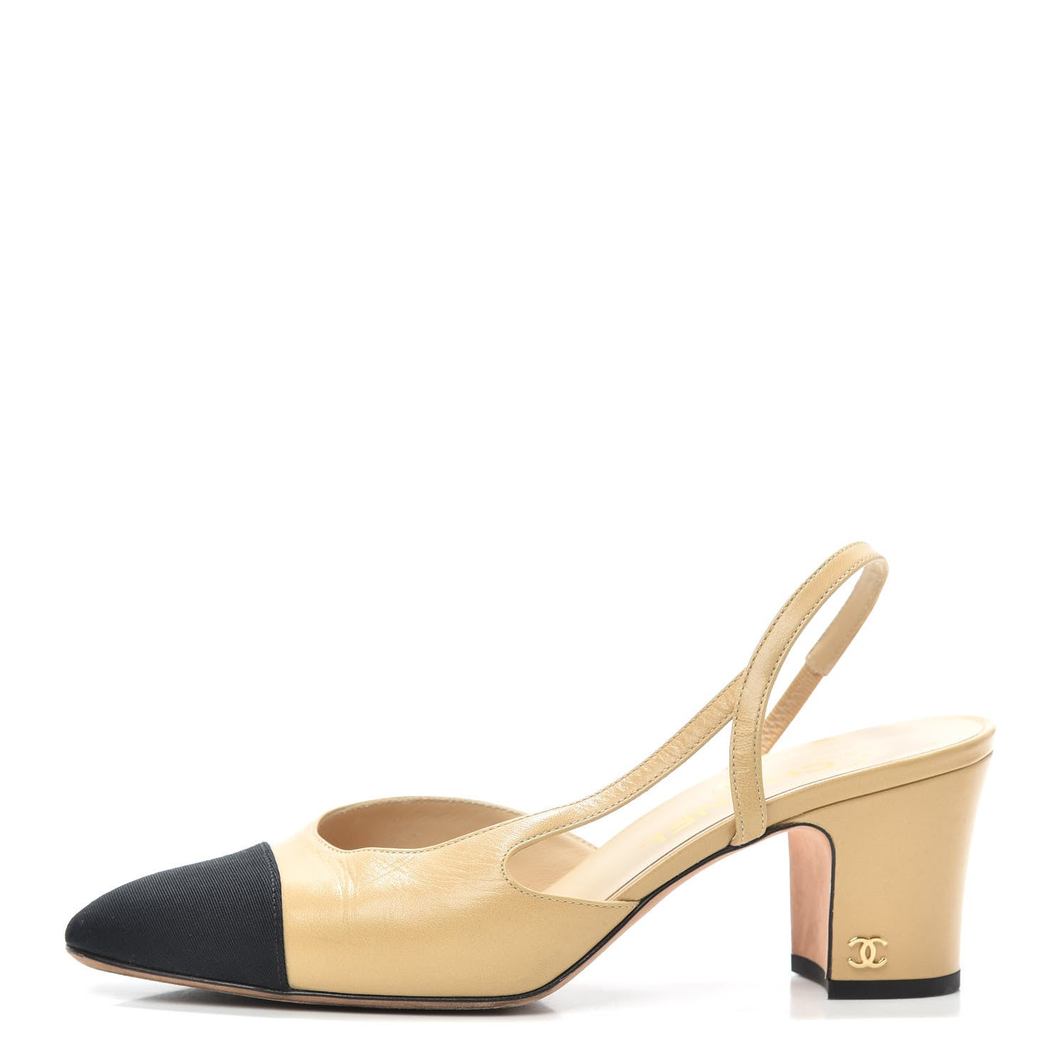 Chanel Goatskin Grosgrain Cap Toe CC Slingback Pumps 37.5 Beige Black 1 of 7