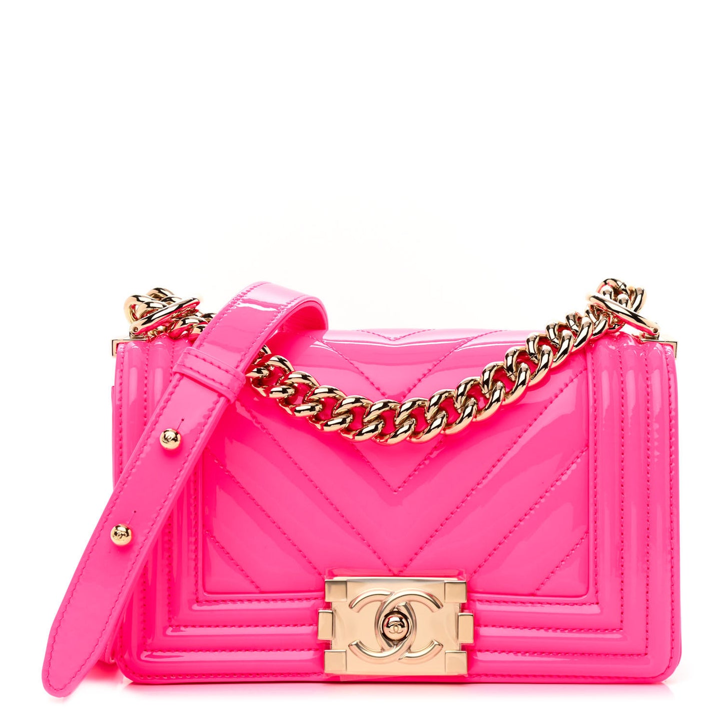 Patent Calfskin Chevron Quilted Small Boy Flap Neon Pink