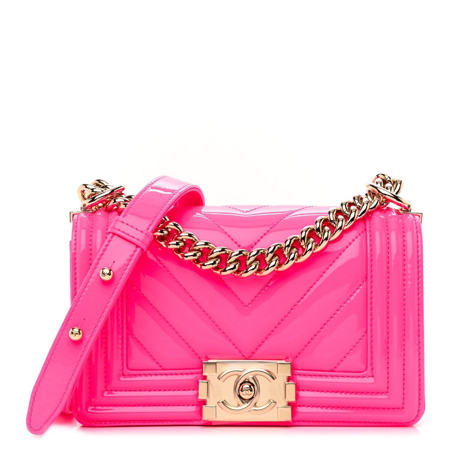 Chanel Patent Calfskin Chevron Quilted Small Boy Flap Neon Pink 1 of 10
