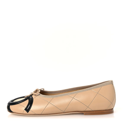 Chanel Lambskin Quilted CC Cambon Ballet Flats 38 Beige Black 1 of 11