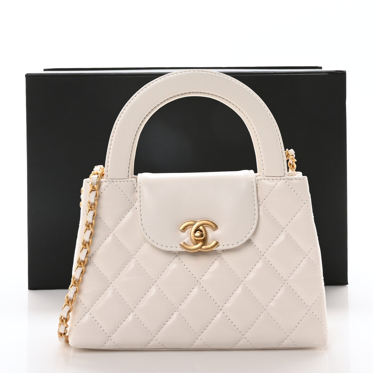 Shiny Aged Calfskin Quilted Nano Kelly Shopper White