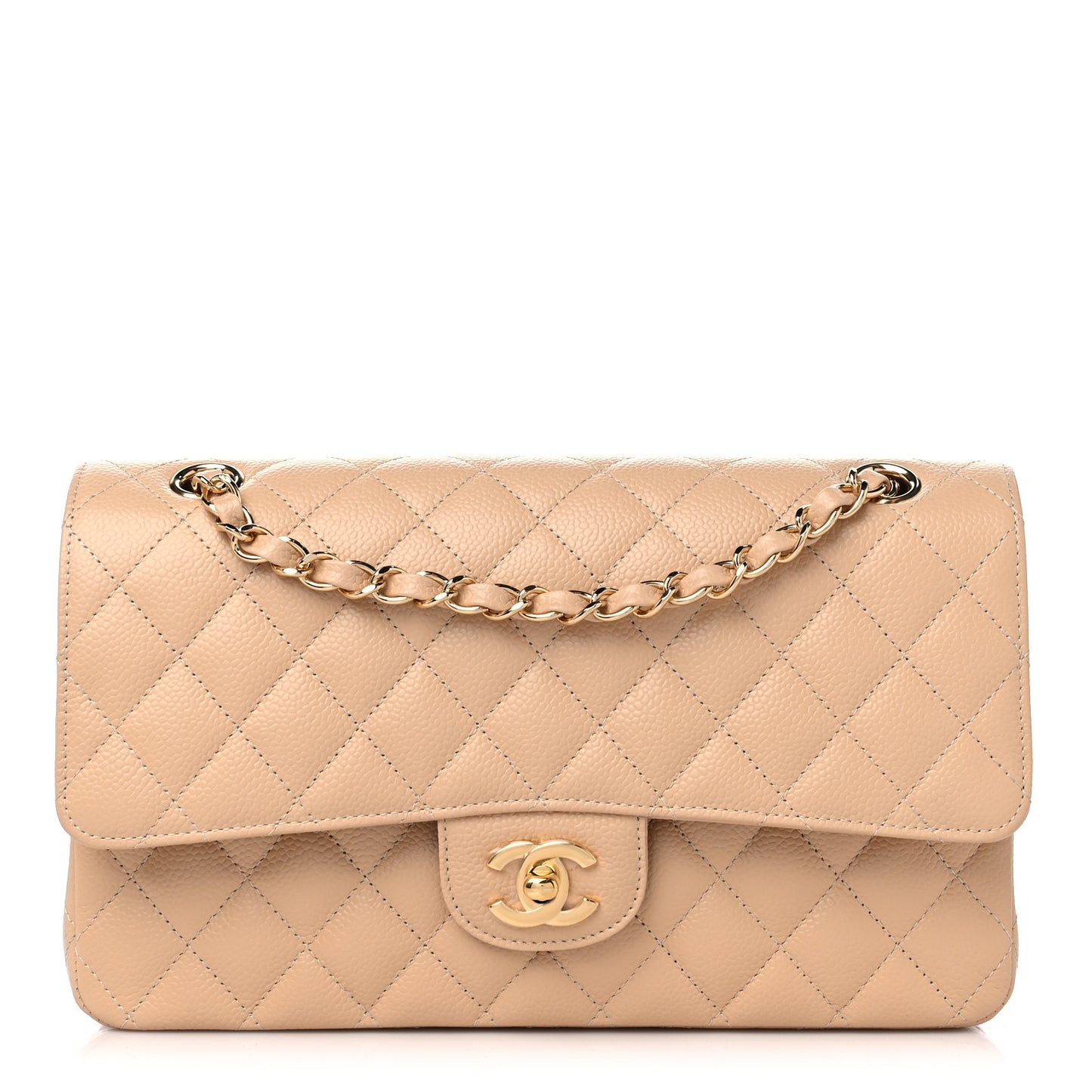 Caviar Quilted Medium Double Flap Beige