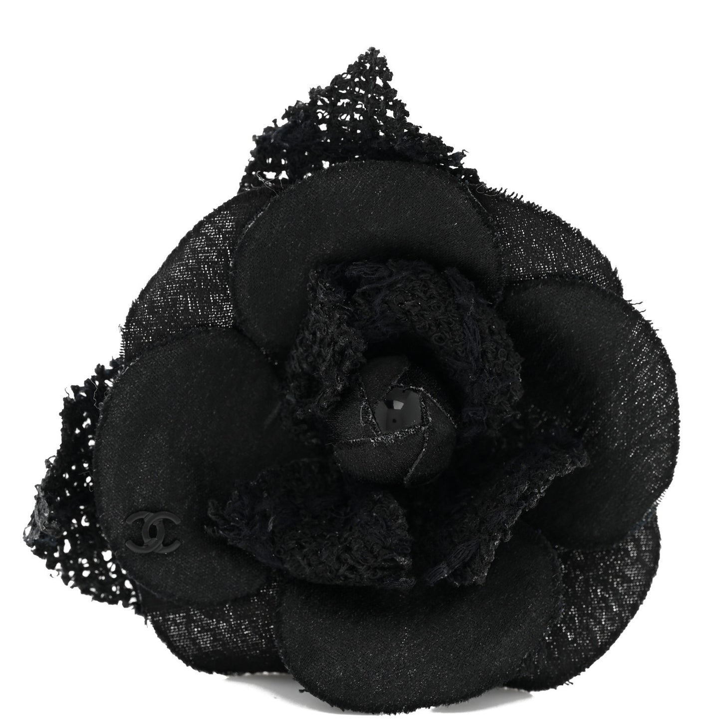 Tweed Fabric Camellia Pin Brooch Black