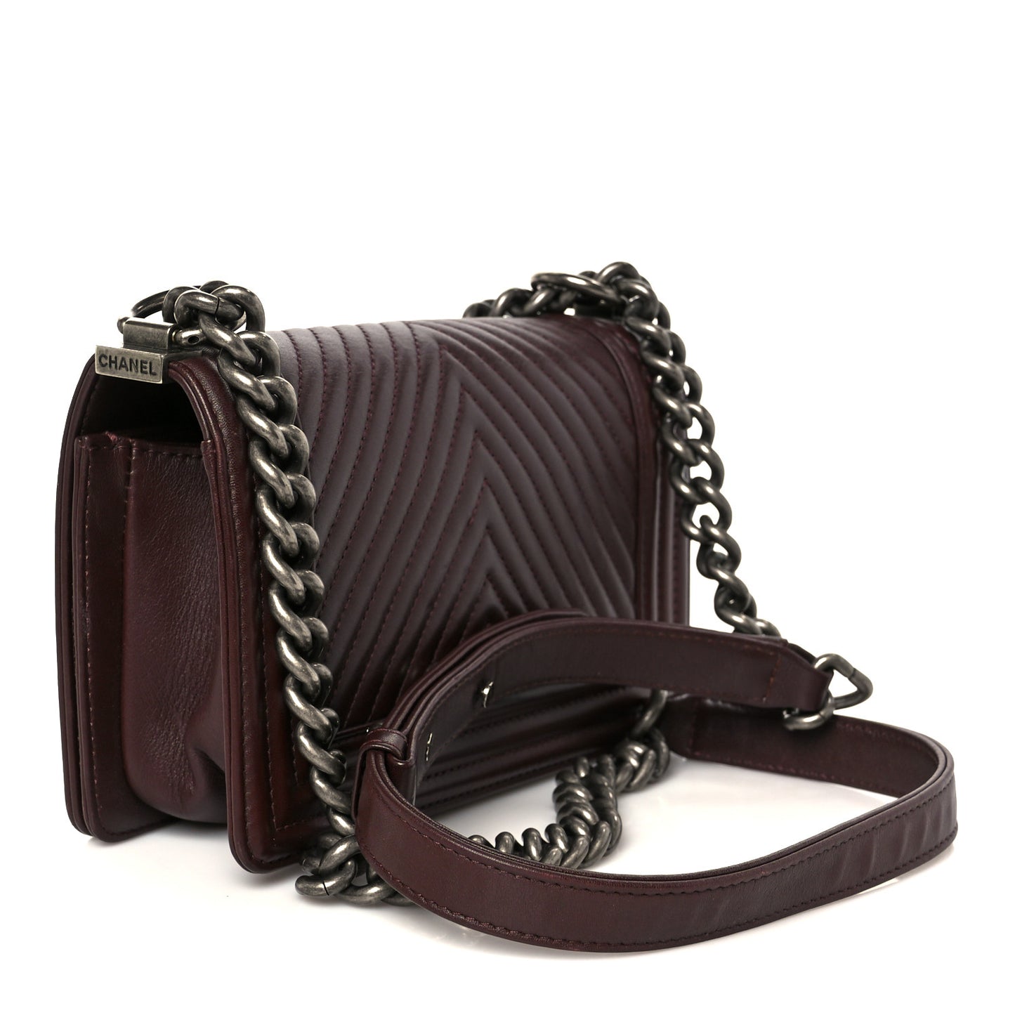 Calfskin Chevron Quilted Small Boy Flap Burgundy