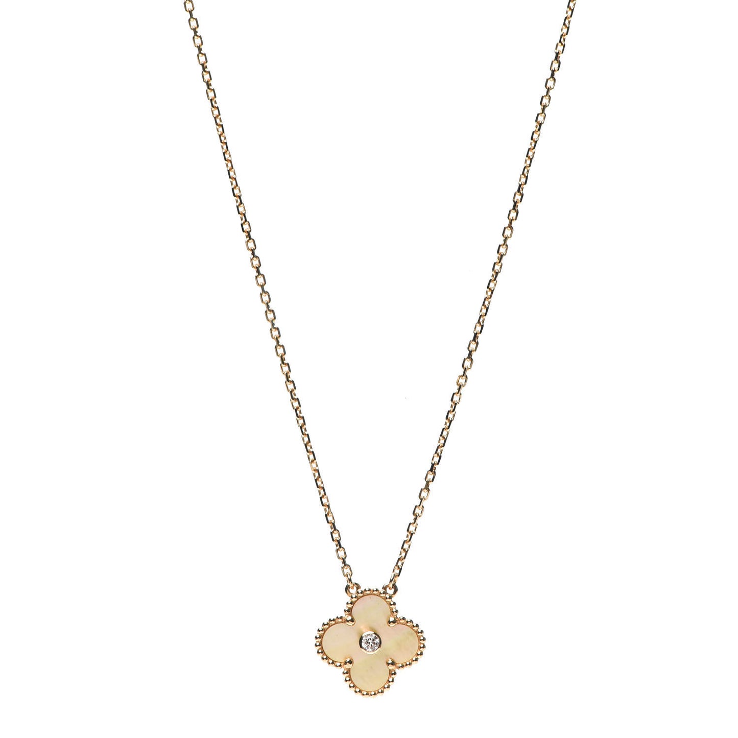 18K Yellow Gold Diamond Yellow Mother of Pearl Vintage Alhambra Pendant Necklace
