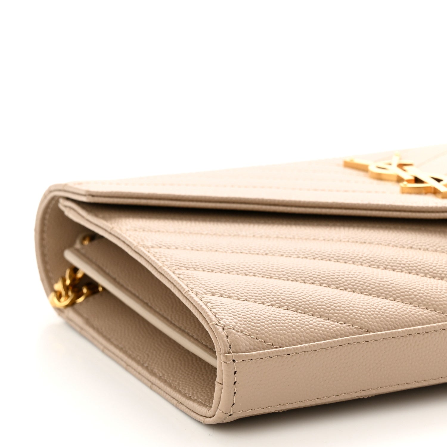 Saint Laurent Grain De Poudre Matelasse Chevron Monogram Chain Wallet Dark Beige 9 of 10