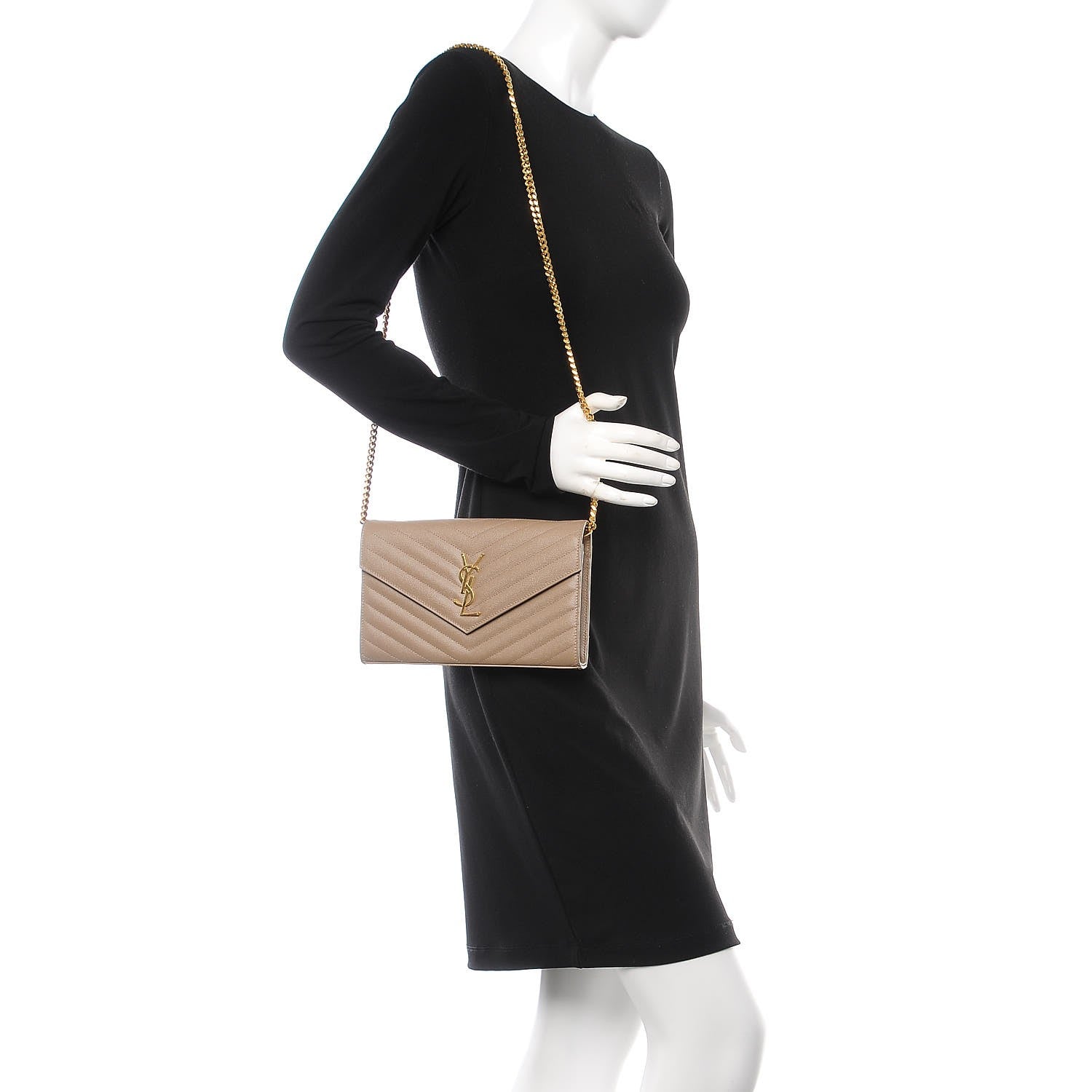 Saint Laurent Grain De Poudre Matelasse Chevron Monogram Chain Wallet Light Taupe 2 of 7