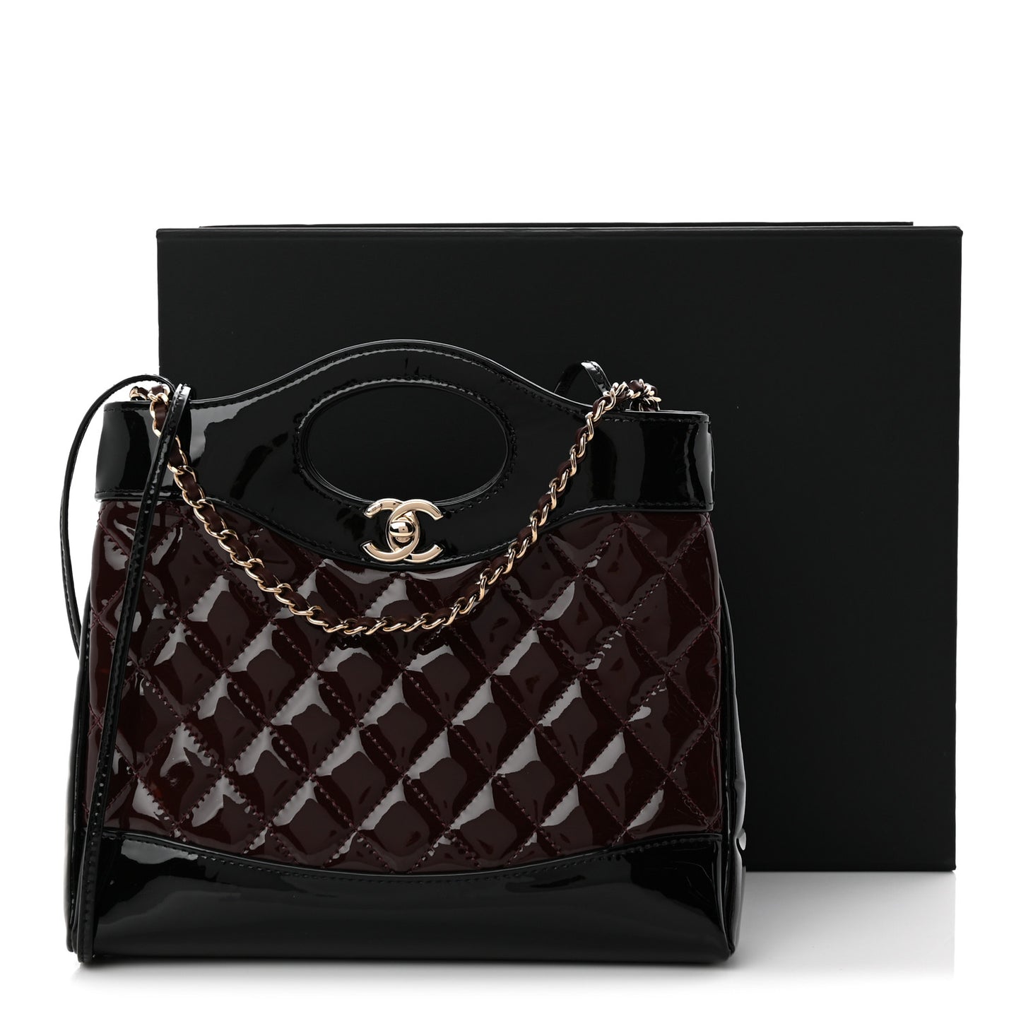 Patent Calfskin Quilted Mini 31 Shopping Bag Burgundy Black