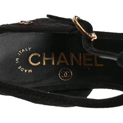 Chanel Suede Lambskin Cap Toe Crystal Slingback Pumps 37 Black 6 of 9