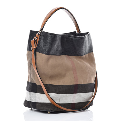 Burberry Grainy Calfskin Canvas Mega Check Medium Ashby Tassel Hobo Black 4 of 12