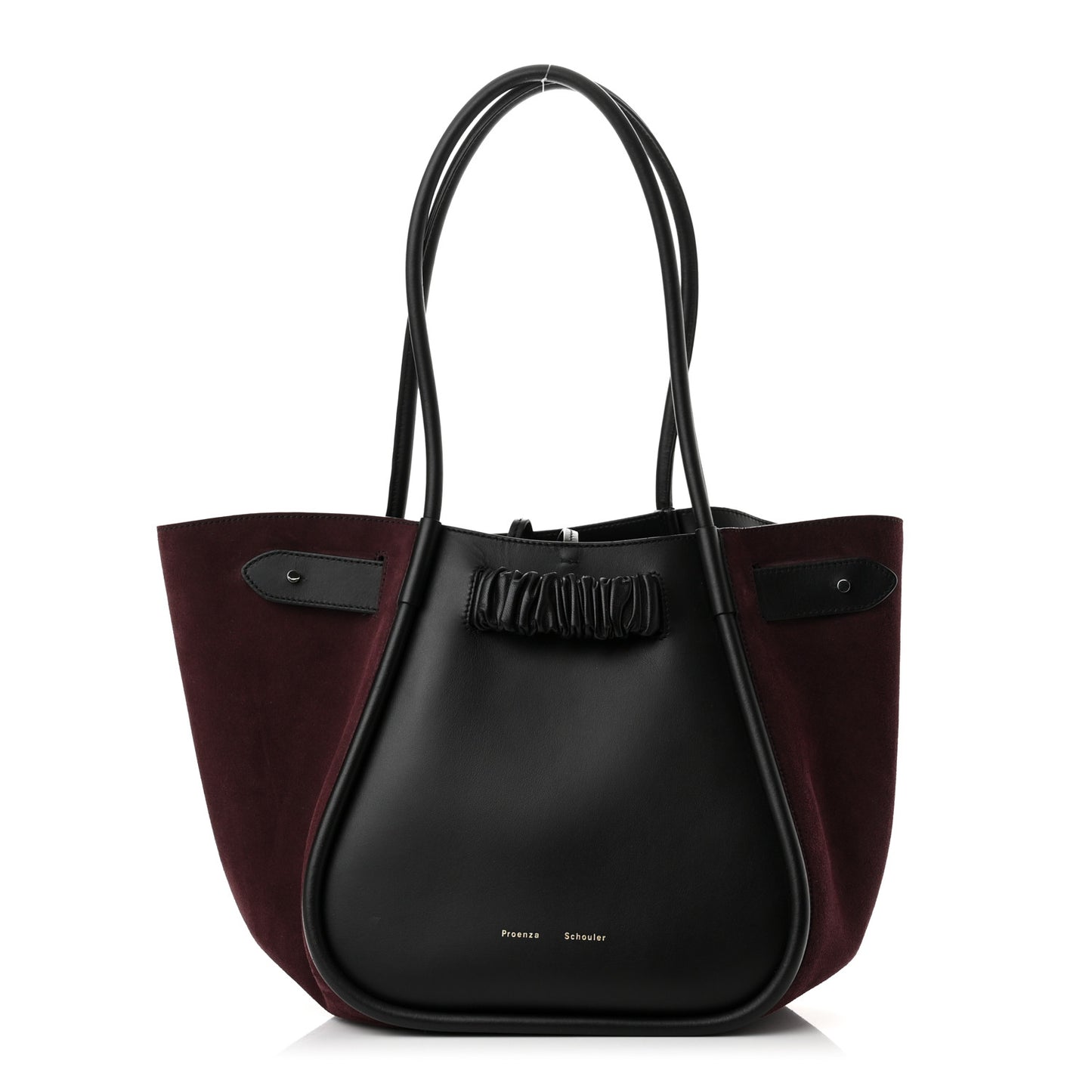 Calfskin Suede Ruched Tote Black Chocolate Plum