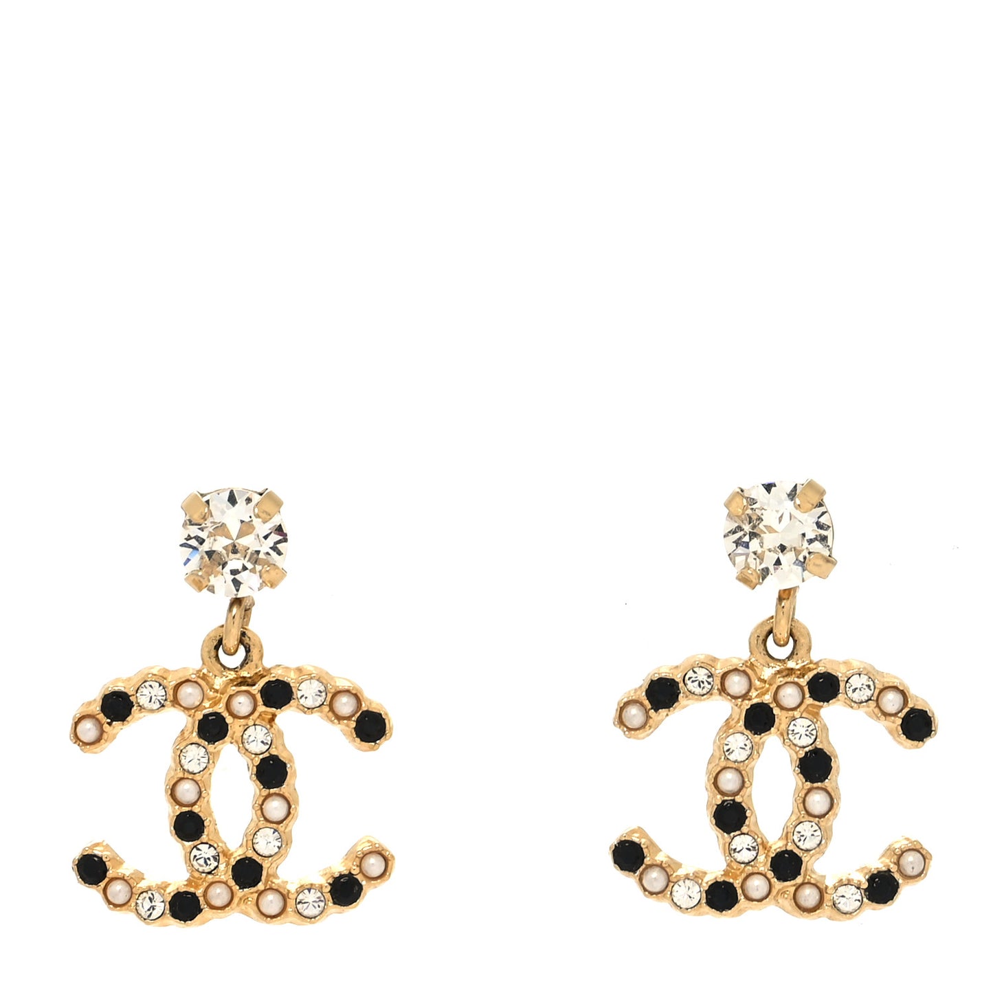 Resin Crystal Pearl CC Drop Earrings Gold Black