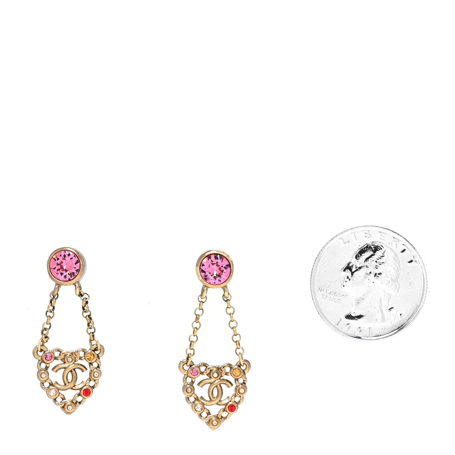 Chanel Pearl Crystal CC Heart Drop Earrings Gold Multicolor 2 of 4