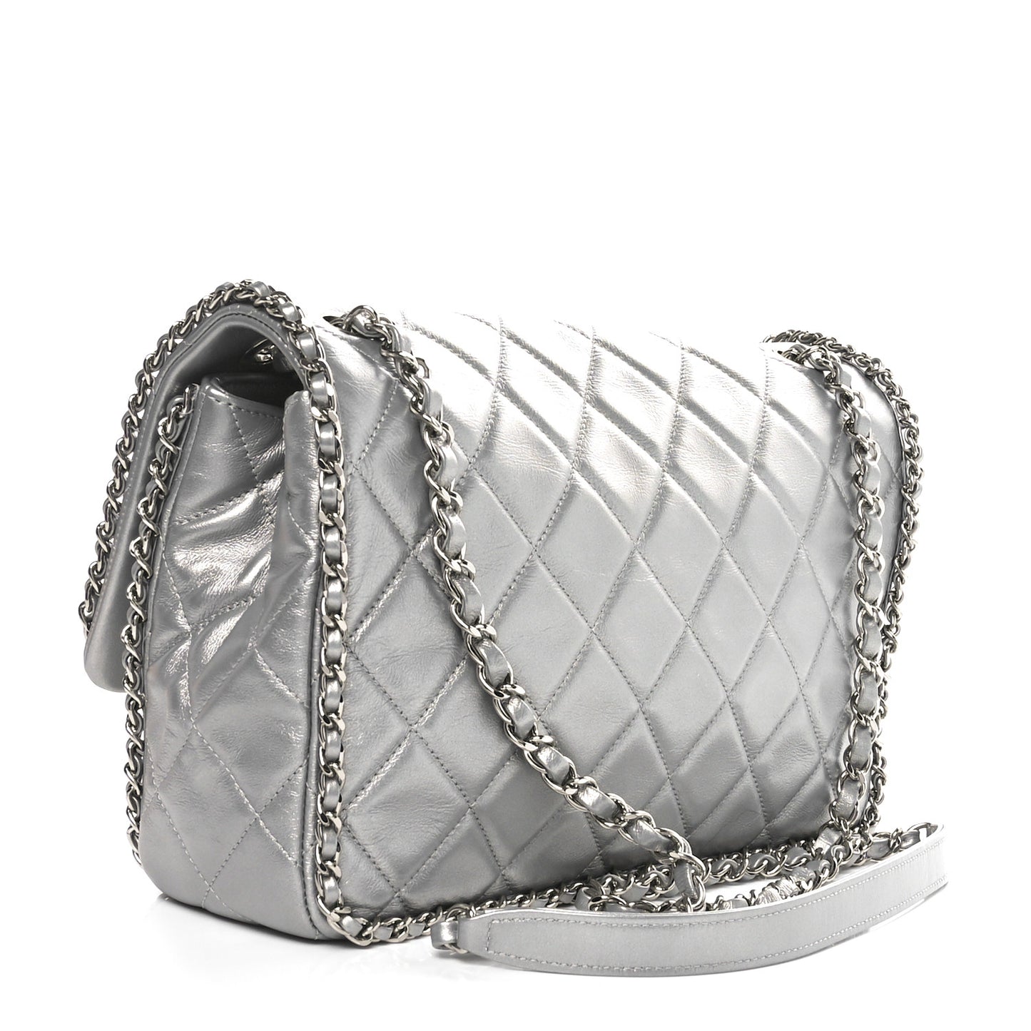 Metallic Lambskin Large Chain All Over Flap Silver