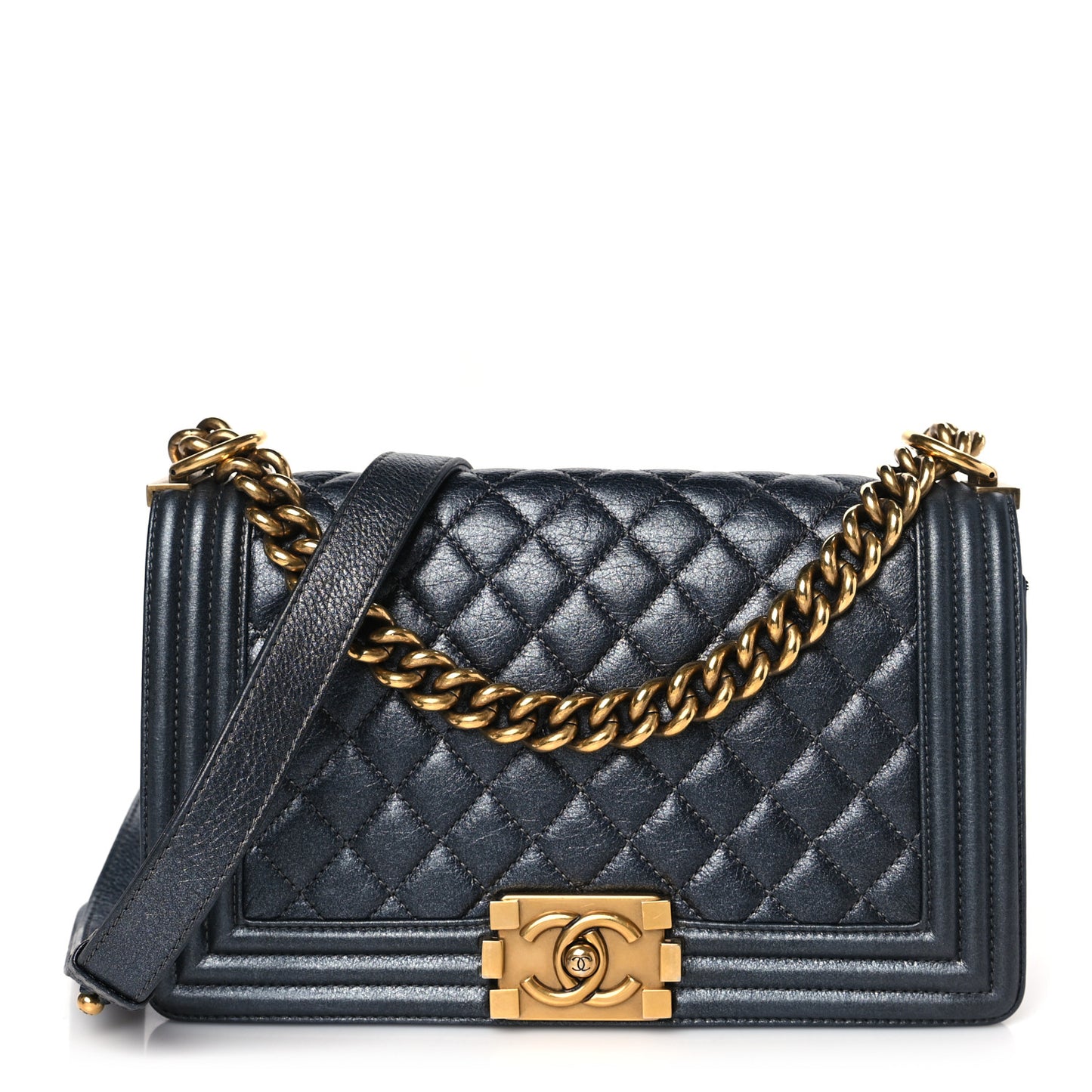 Metallic Calfskin Quilted Medium Boy Flap Grey