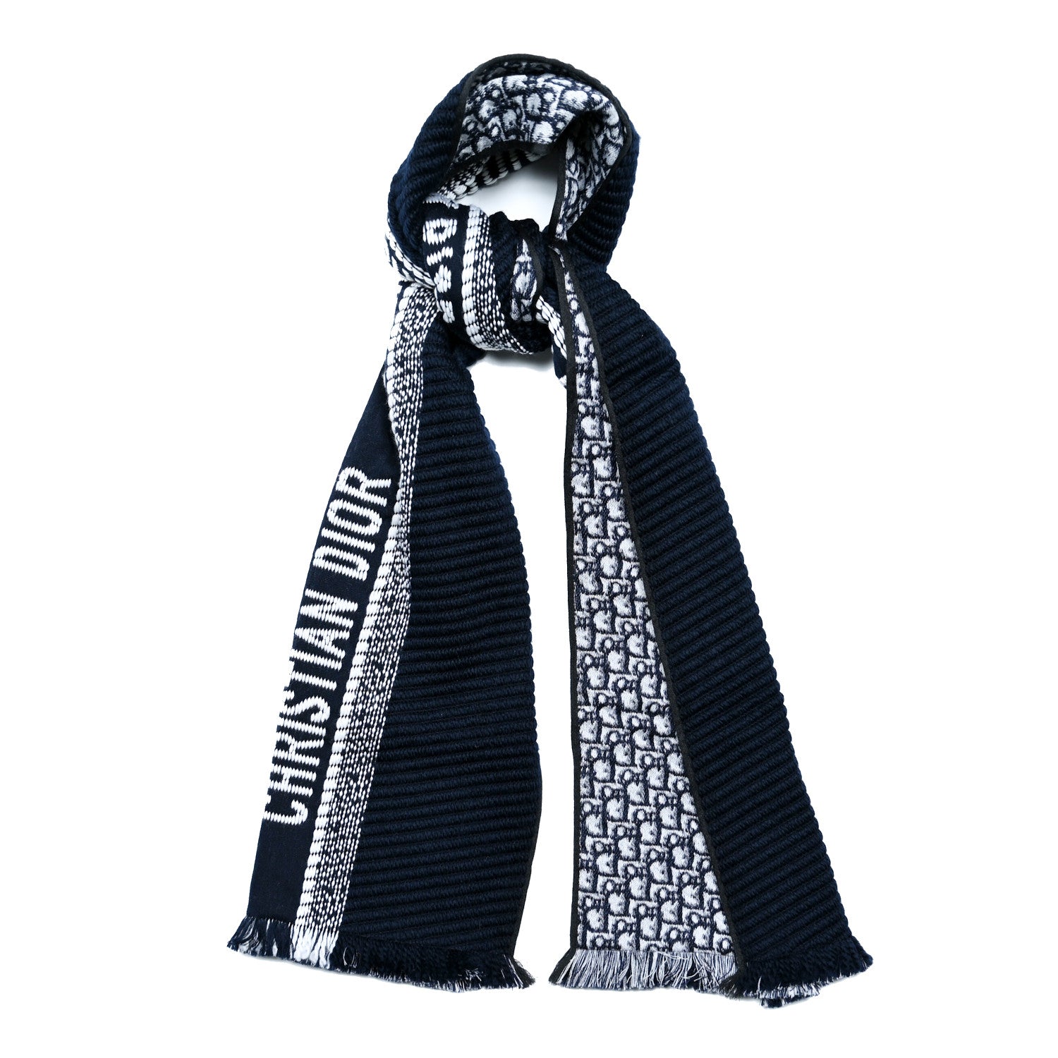 Christian Dior Wool Silk Oblique University Reversible Scarf Navy Blue 1 of 3