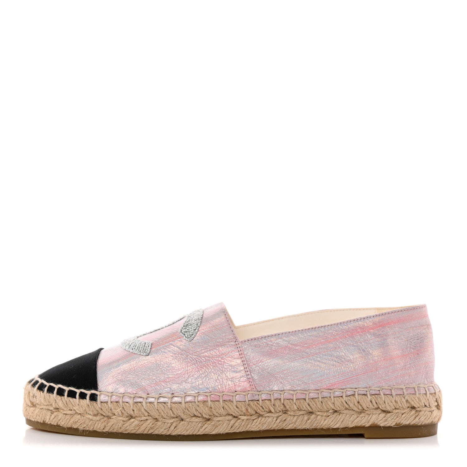 Chanel Laminated Lambskin Grosgrain Embroidered CC Espadrilles 40 Pink Silver Black 1 of 13