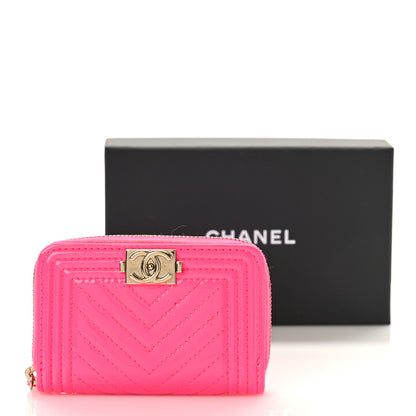 Chanel Patent Chevron Quilted Zip Around Boy Coin Purse Wallet Neon Pink 10 of 10