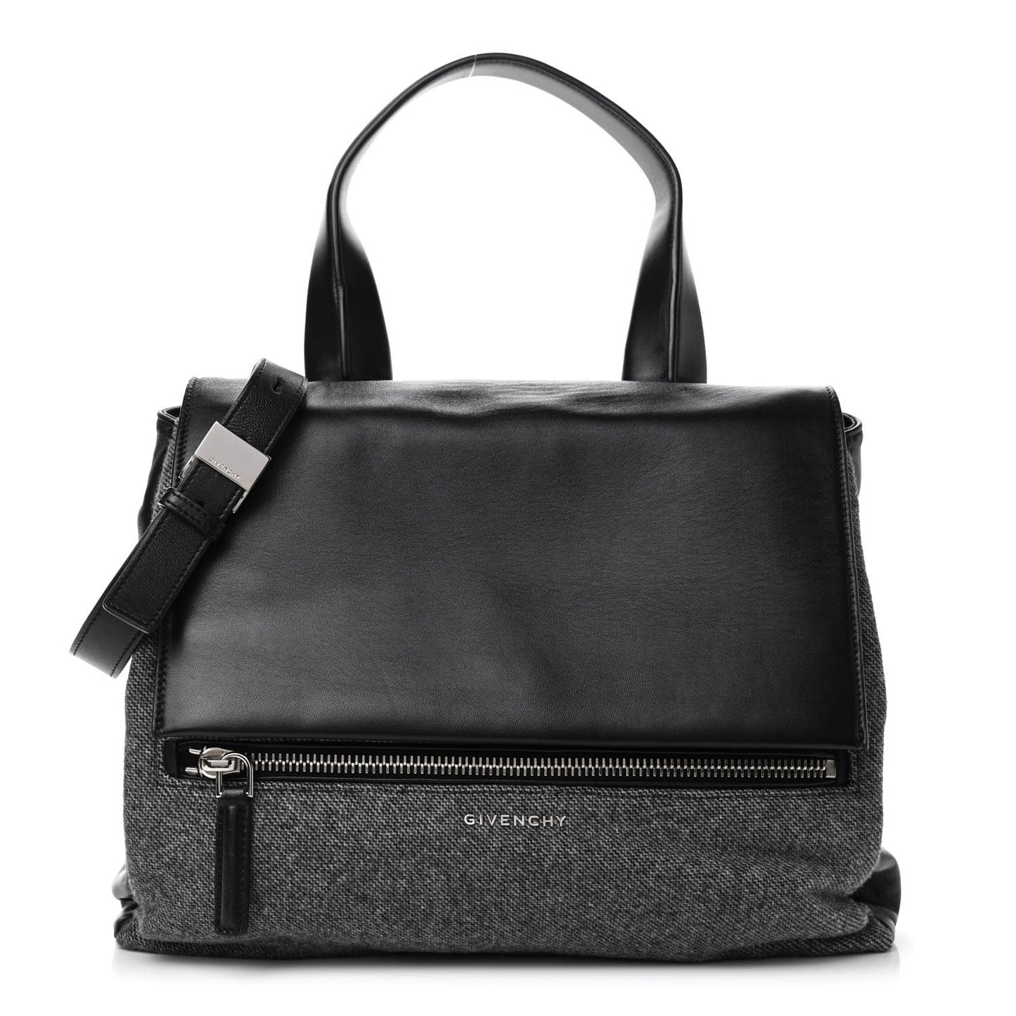 Tweed Wool Calfskin Medium Pandora Pure Flap Bag Dark Grey Black