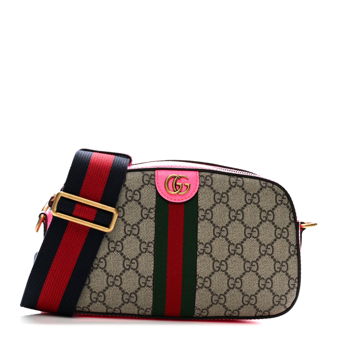 GG Supreme Monogram Textured Dollar Calfskin Web Ophidia Small Crossbody Bag Beige Ebony Fuchsia