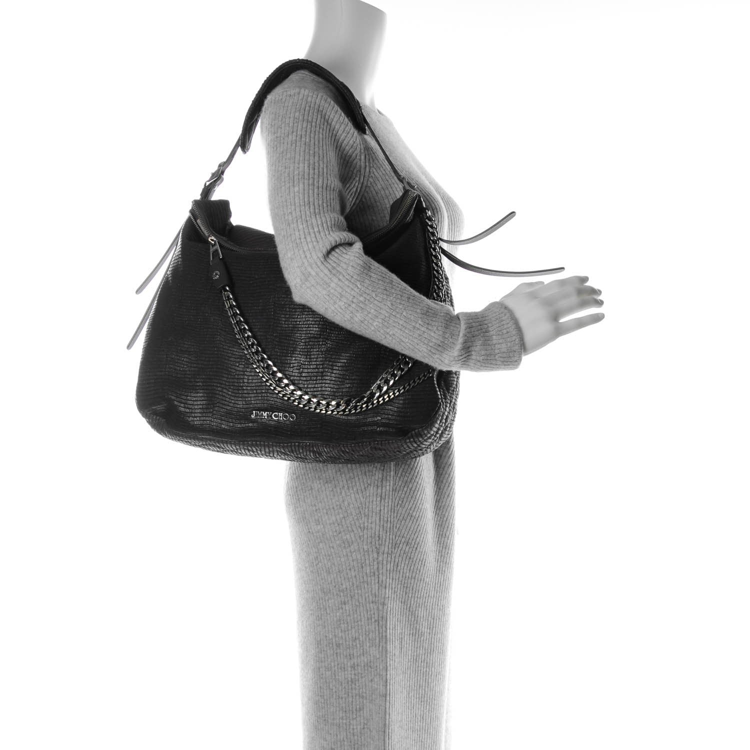 Jimmy Choo Lizard Embossed Large Boho Biker Hobo Brown 2 of 7