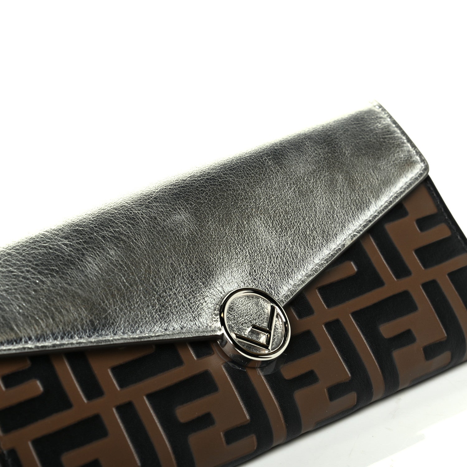 Fendi Vitello Soft Catalan Mirror F is Fendi Bi-Color FF 1974 Embossed Continental Envelope Wallet Maya Black Argento 5 of 5