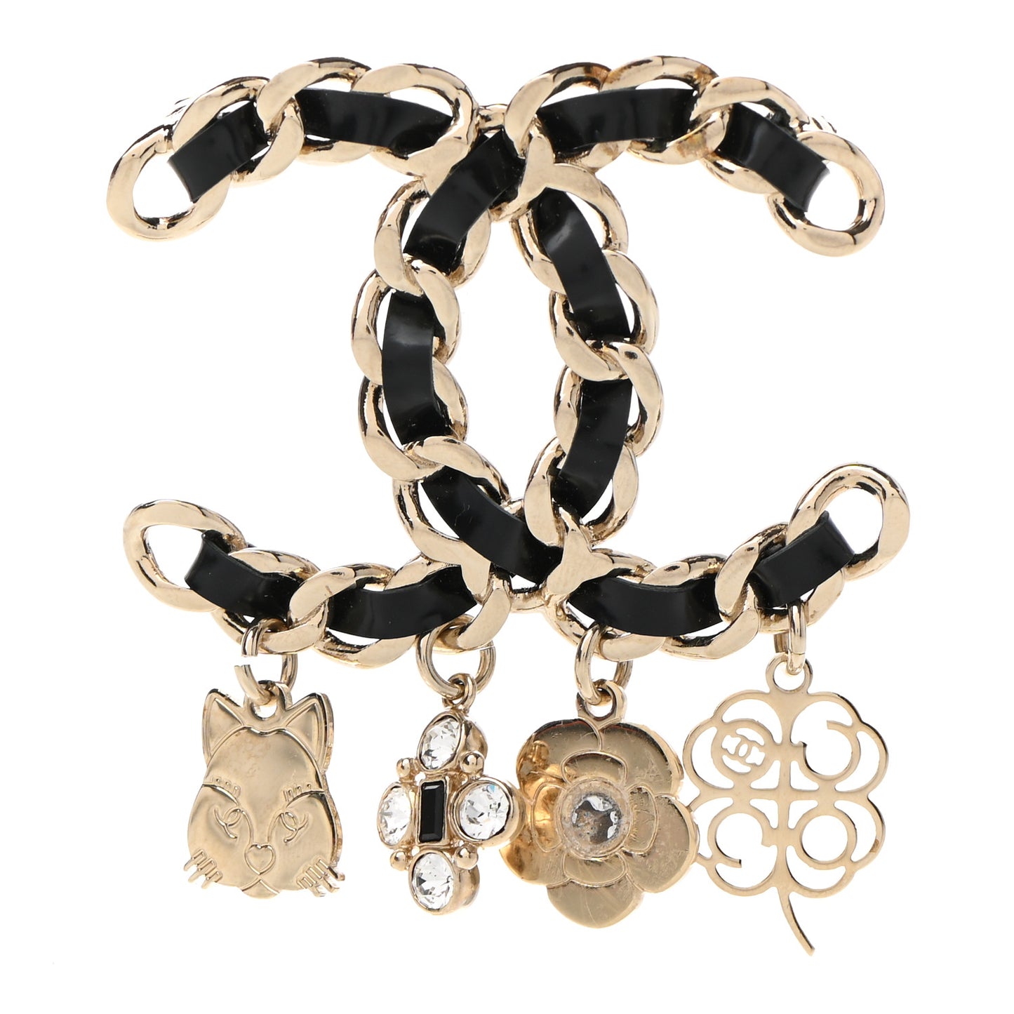 Lambskin Crystal Chain CC Charms Brooch Black Gold