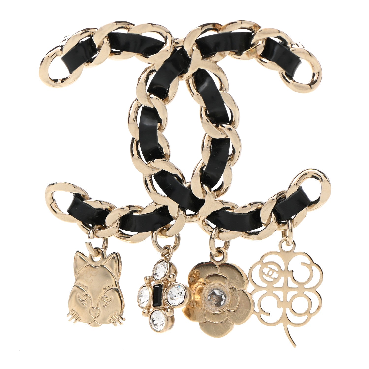 Chanel Lambskin Crystal Chain CC Charms Brooch Black Gold 1 of 7
