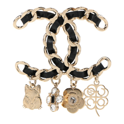 Chanel Lambskin Crystal Chain CC Charms Brooch Black Gold 1 of 7