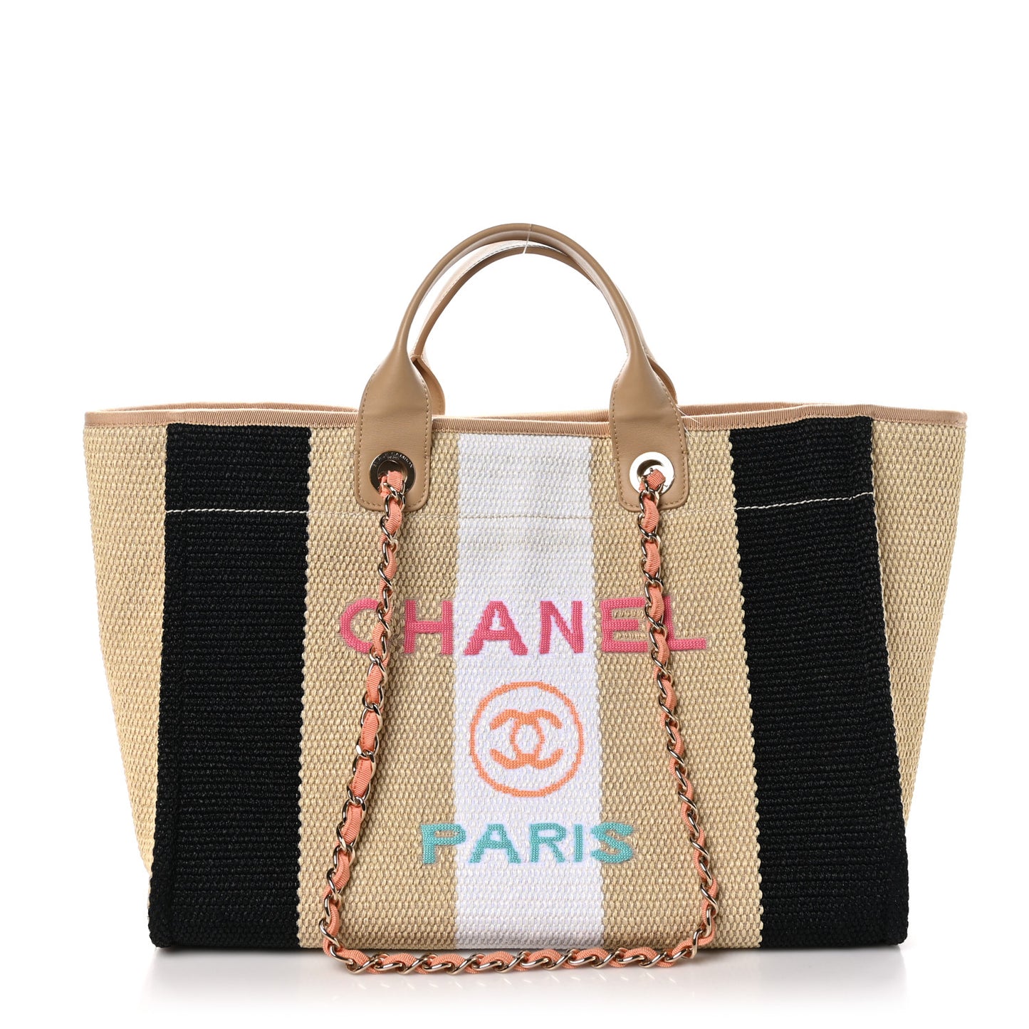 Straw Raffia Calfskin Striped Medium Deauville Tote Black Beige Ivory