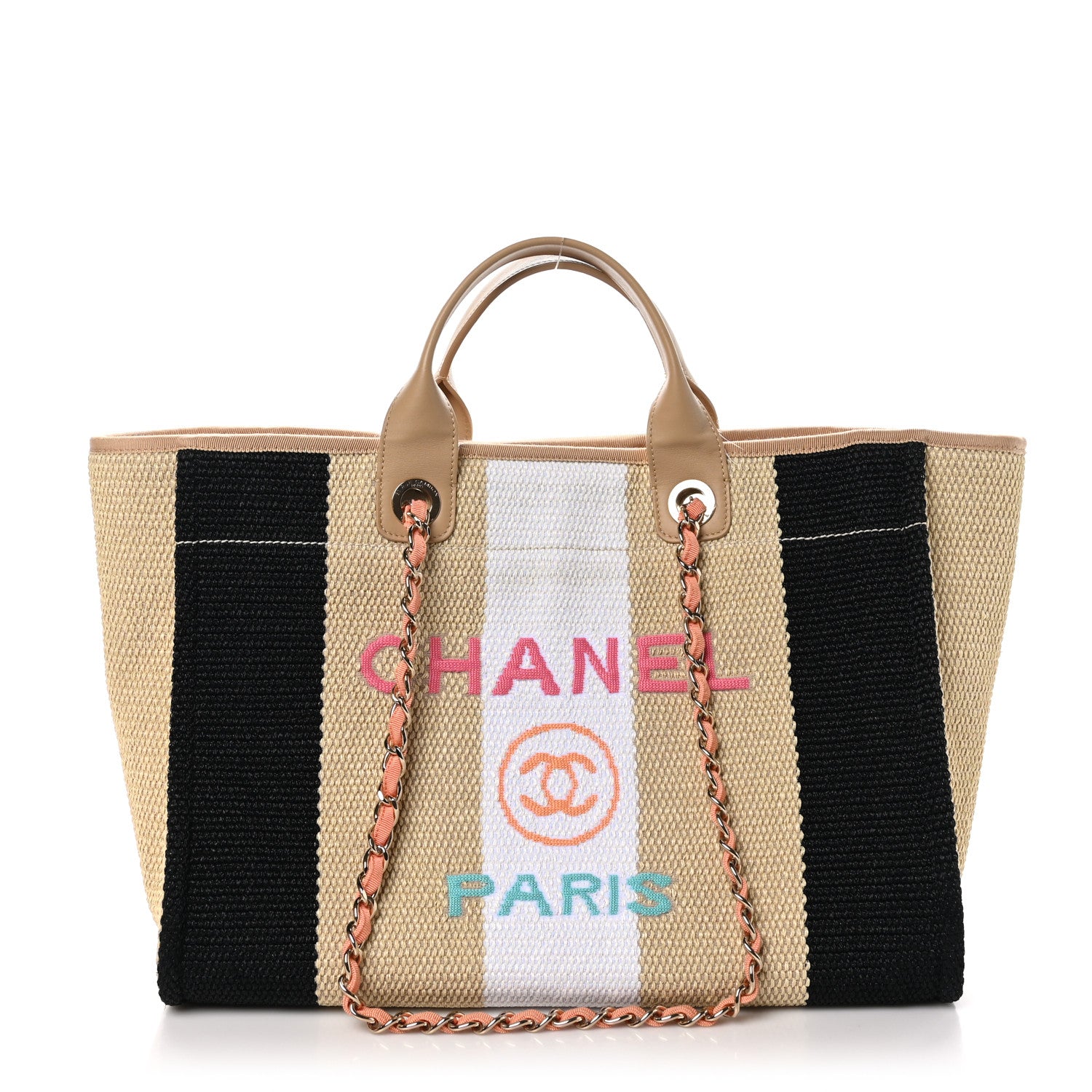 Chanel Straw Raffia Calfskin Striped Medium Deauville Tote Black Beige Ivory 1 of 12