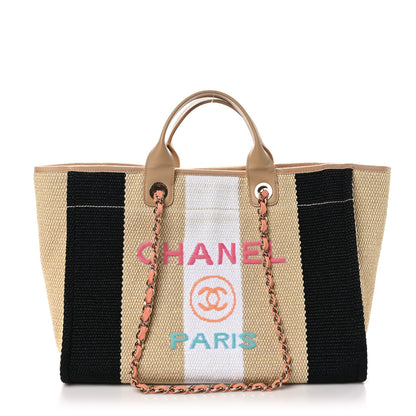 Chanel Straw Raffia Calfskin Striped Medium Deauville Tote Black Beige Ivory 1 of 12