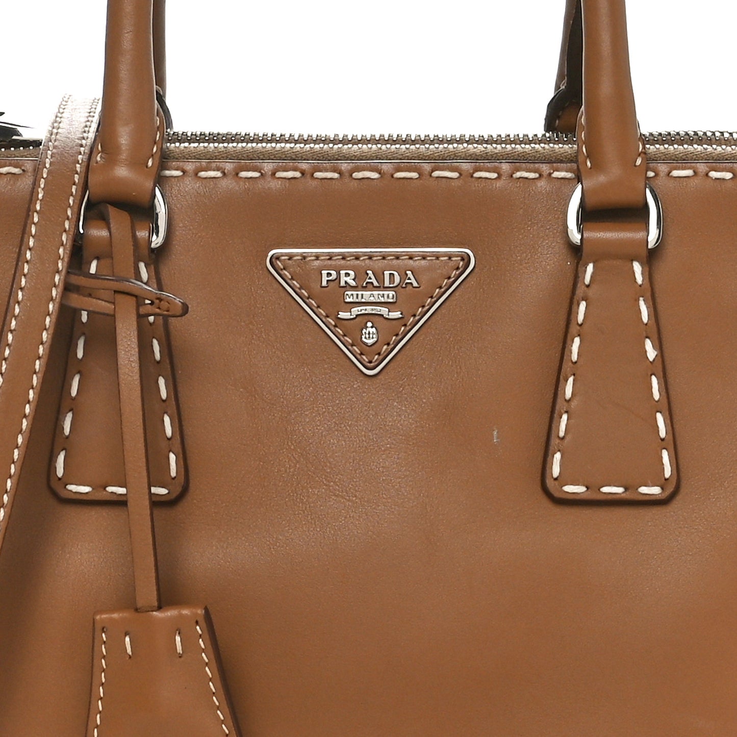 City Calf Mini Hand Stitched Galleria Double Zip Tote Caramel