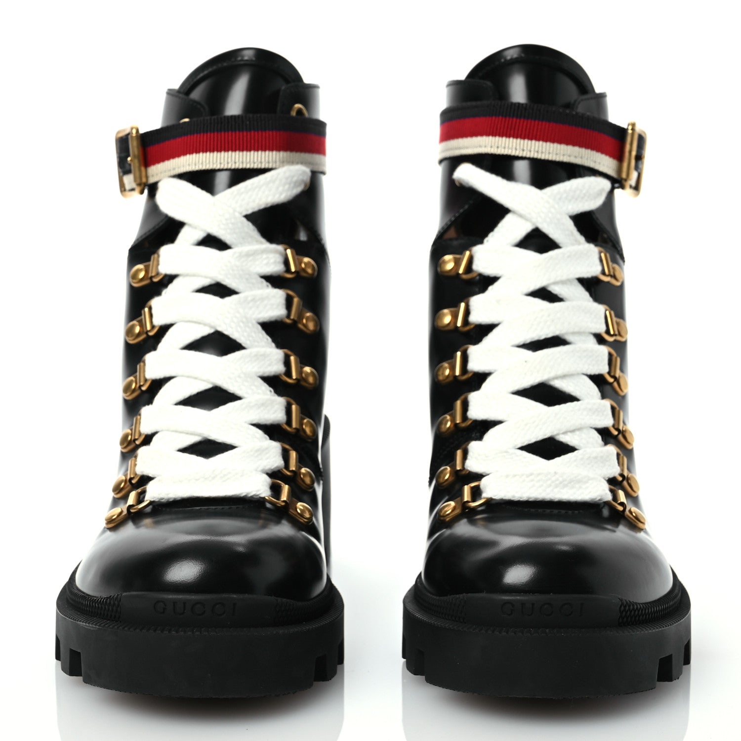 Gucci Calfskin Sylvie Web Lace Up Combat Boots 37 Black 2 of 10
