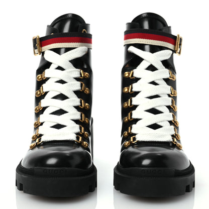 Gucci Calfskin Sylvie Web Lace Up Combat Boots 37 Black 2 of 10
