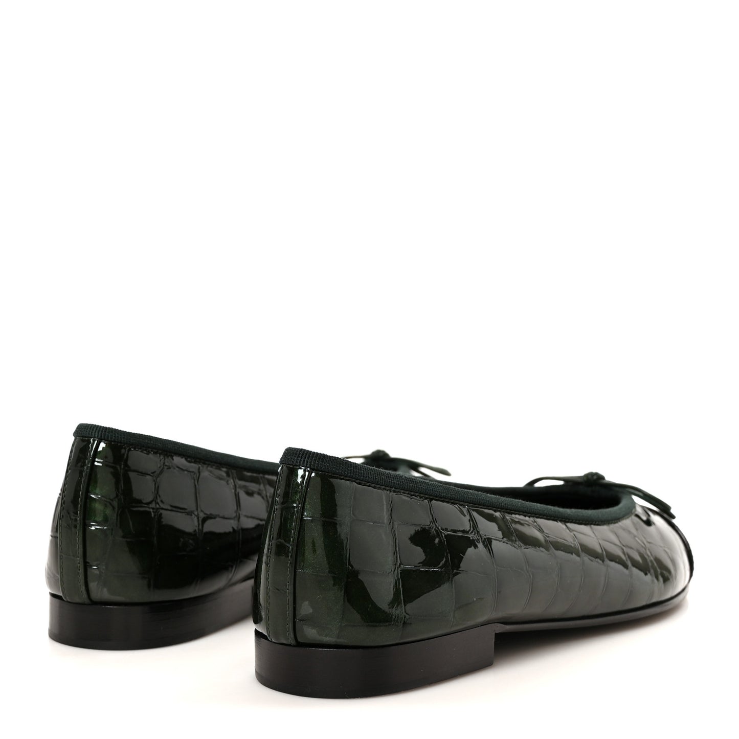 Patent Calfskin Crocodile Embossed Ballerina Flats 36.5 Dark Green Black