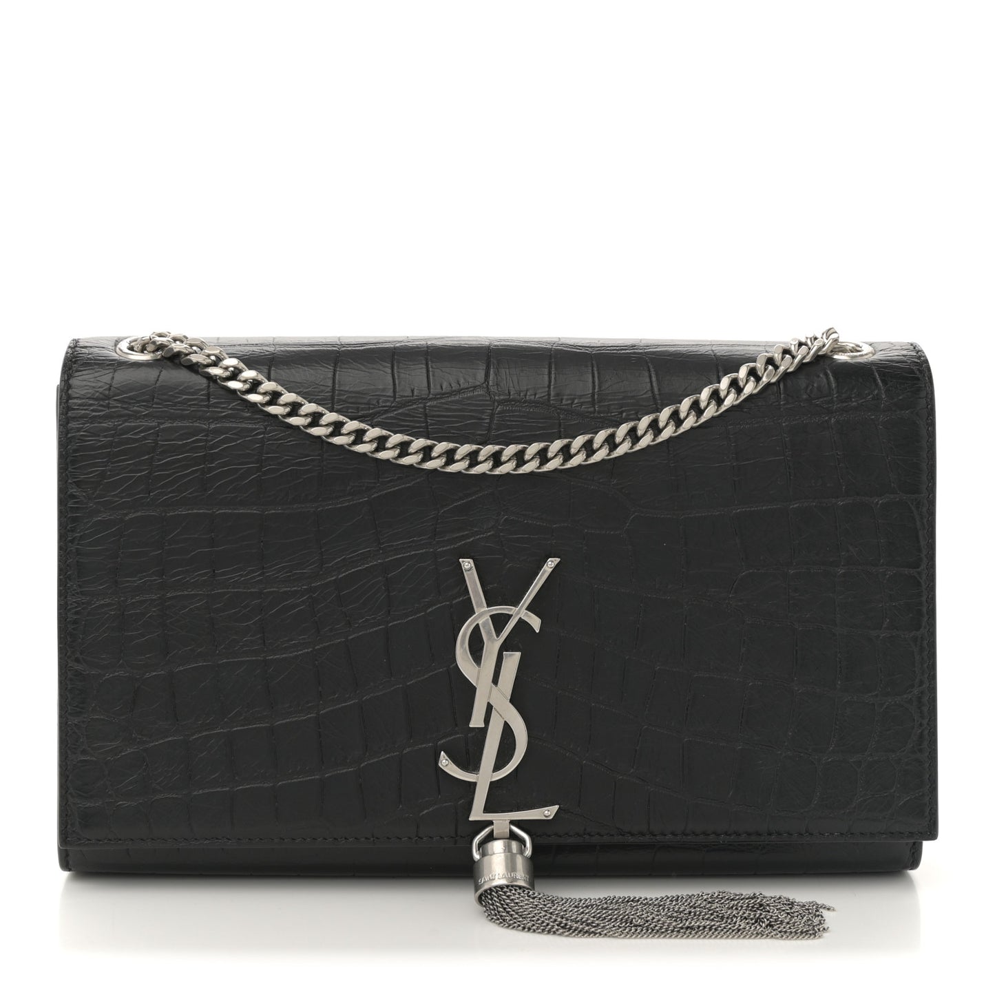 Calfskin Crocodile Embossed Medium Classic Monogram Kate Tassel Satchel Black