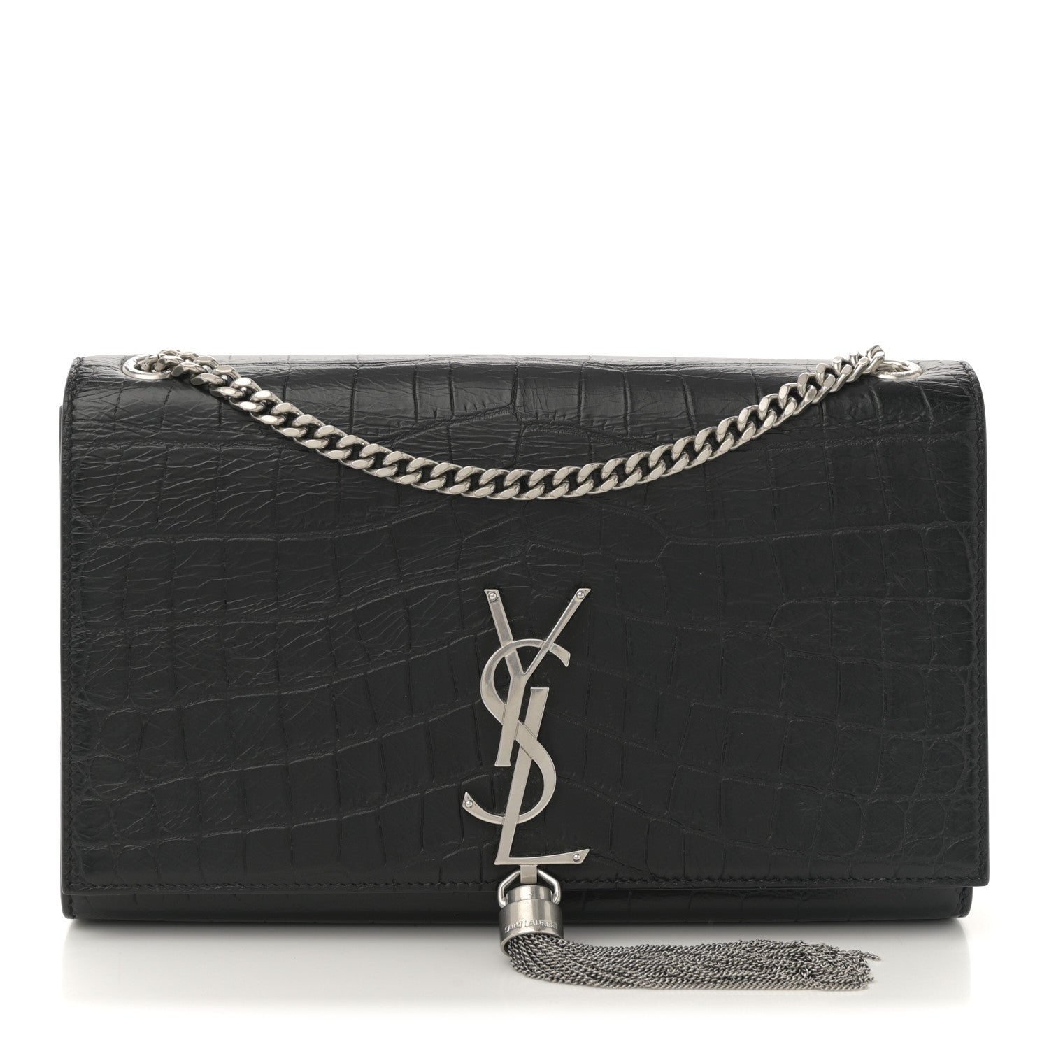Saint Laurent Calfskin Crocodile Embossed Medium Classic Monogram Kate Tassel Satchel Black 1 of 10