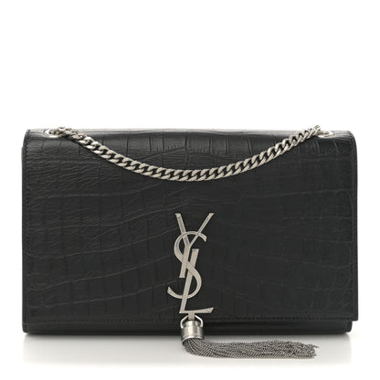 Saint Laurent Calfskin Crocodile Embossed Medium Classic Monogram Kate Tassel Satchel Black 1 of 10